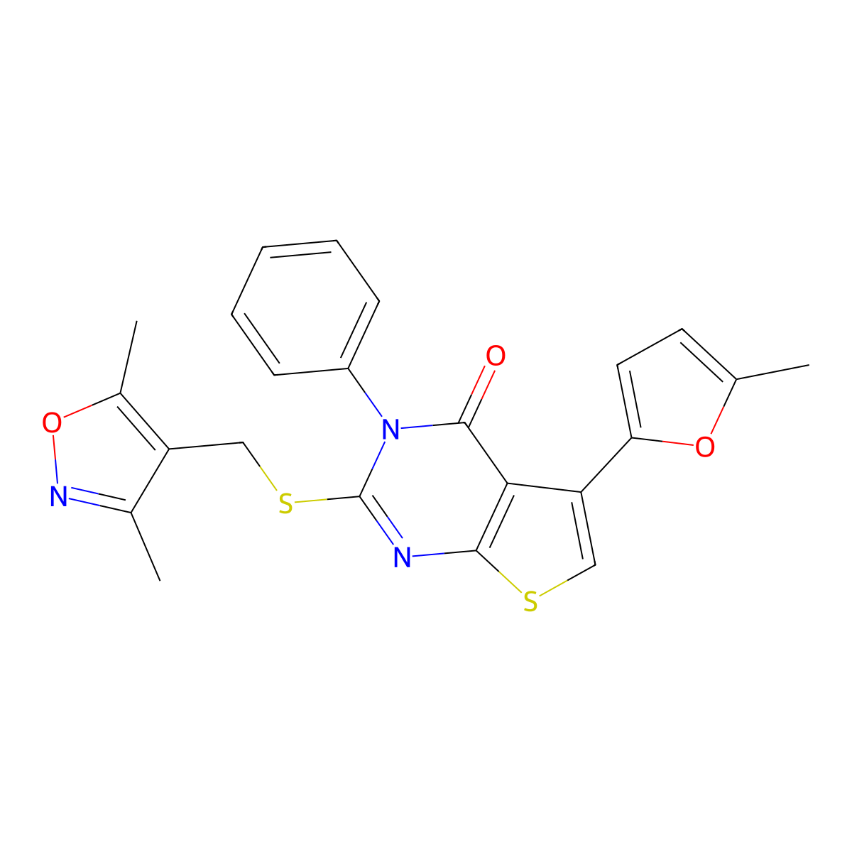 2-(((3,5-dimethylisoxazol-4-yl)methyl)thio)-5-(5-methylfuran-2-yl)-3-phenylthieno[2,3-d]pyrimidin-4(3H)-one molecular structure, CAS 692263-05-1