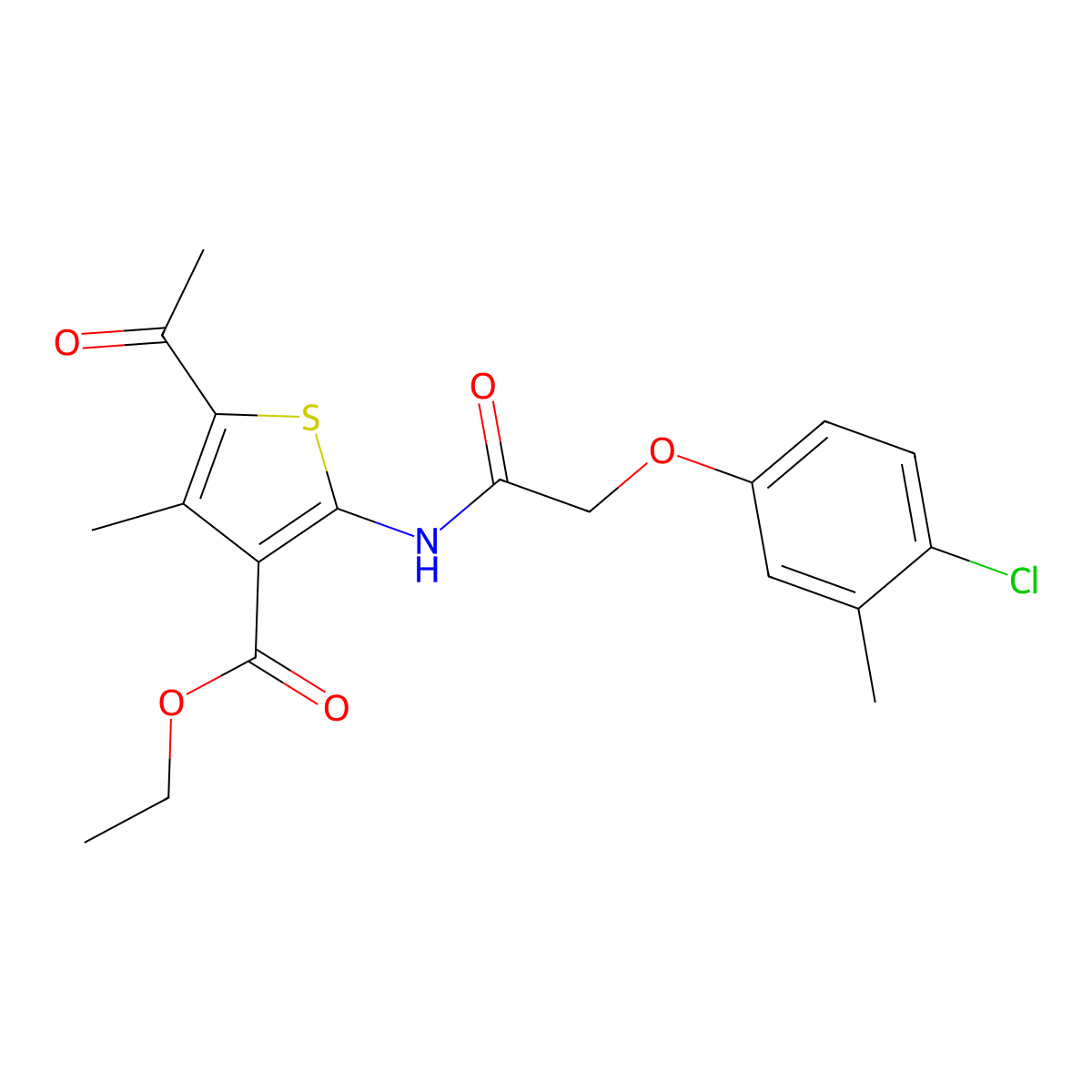 Ethyl 5-acetyl-2-[2-(4-chloro-3-methylphenoxy)acetamido]-4-methylthiophene-3-carboxylate molecular structure, CAS 692263-66-4