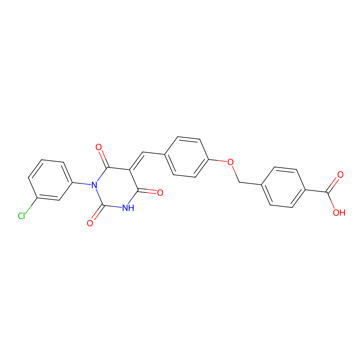 4-[[4-[[1-(3-Chlorophenyl)tetrahydro-2,4,6-trioxo-5(2H)-pyrimidinylidene]methyl]phenoxy]methyl]benzoic acid molecular structure, CAS 692264-92-9