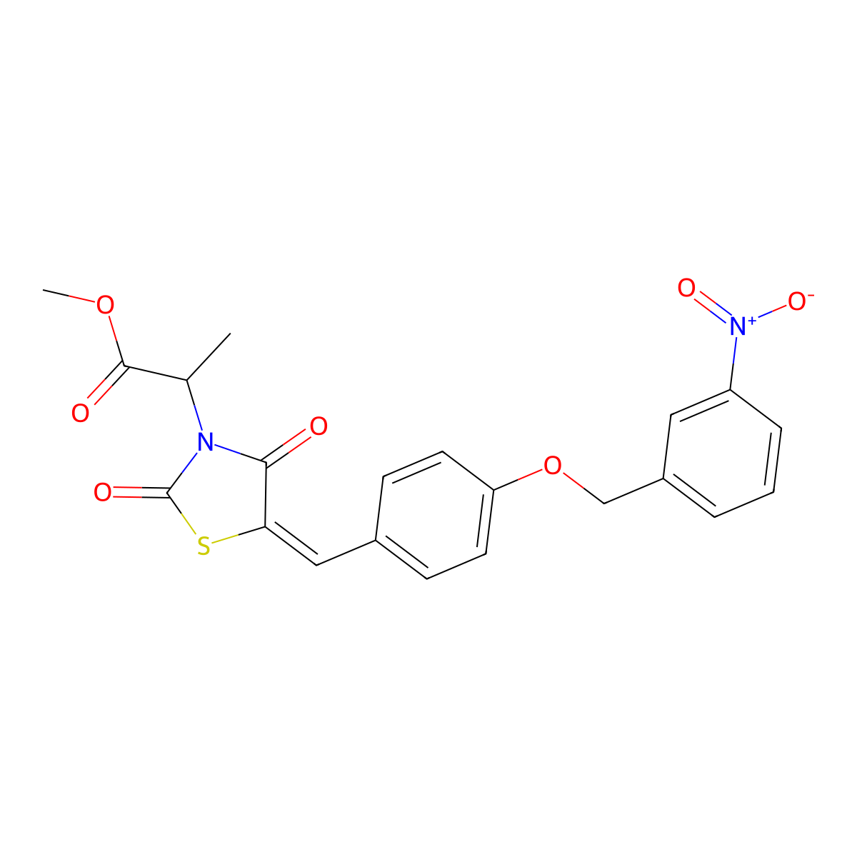 Methyl 2-[5-({4-[(3-nitrophenyl)methoxy]phenyl}methylidene)-2,4-dioxo-1,3-thiazolidin-3-yl]propanoate molecular structure, CAS 692267-56-4