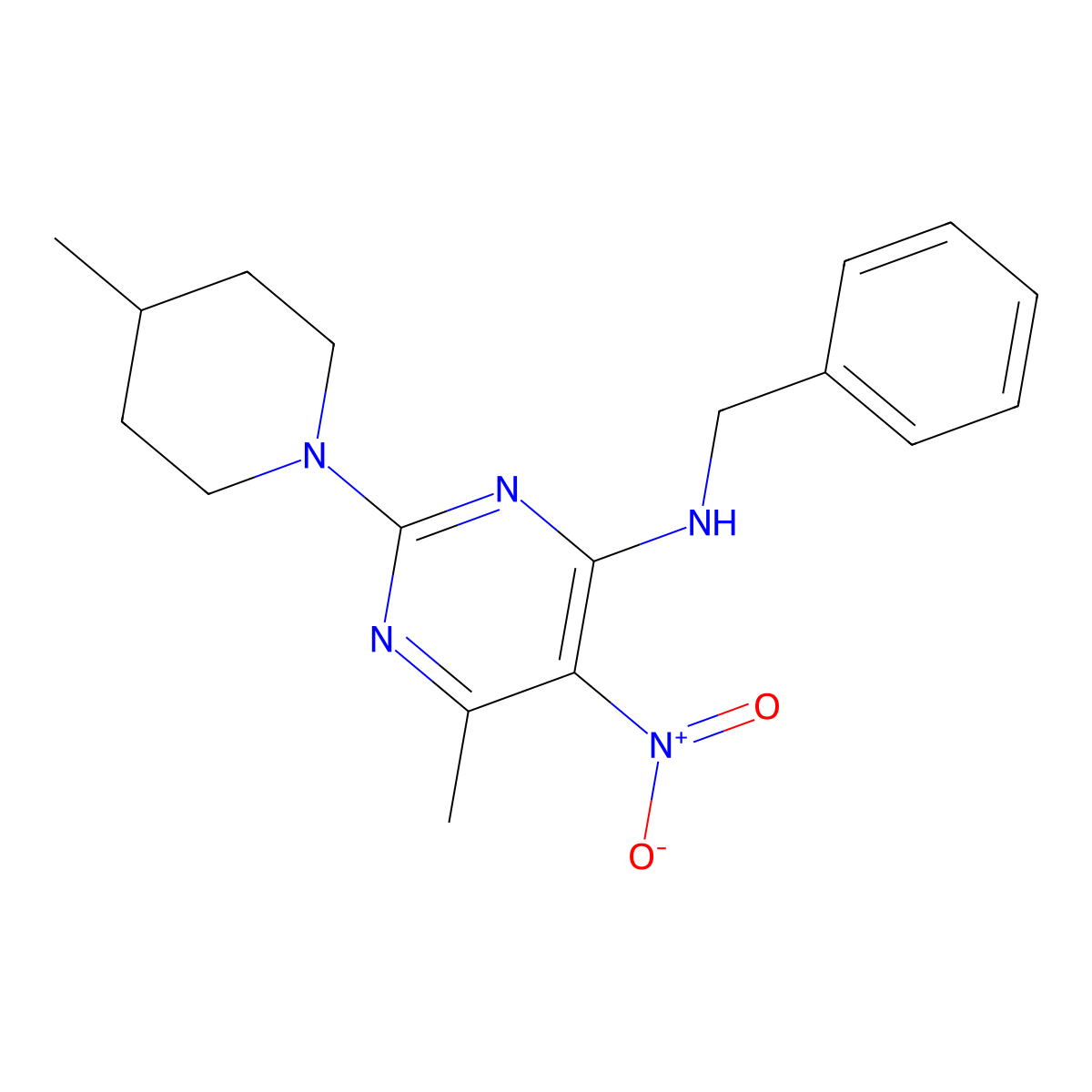 N-benzyl-6-methyl-2-(4-methylpiperidin-1-yl)-5-nitropyrimidin-4-amine molecular structure, CAS 692268-02-3