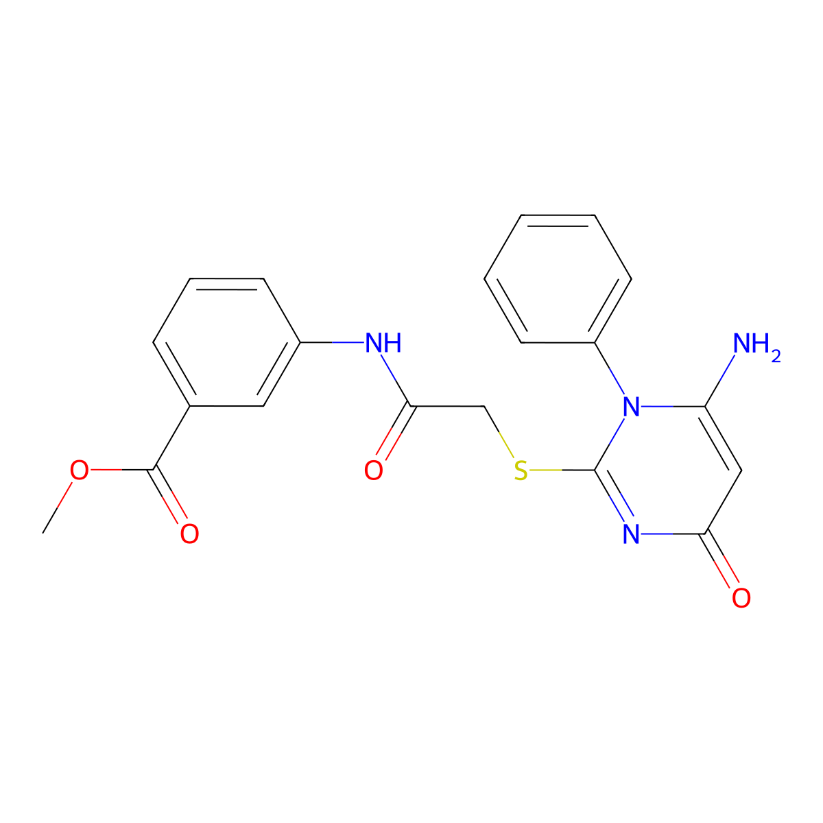 Methyl 3-({[(6-amino-4-oxo-1-phenyl-1,4-dihydro-2-pyrimidinyl)thio]acetyl}amino)benzoate molecular structure, CAS 692268-04-5