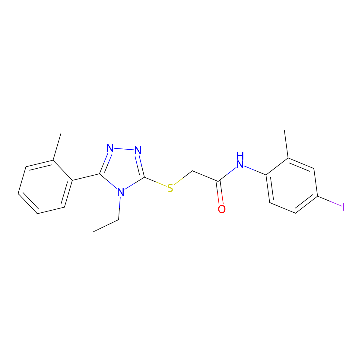 2-[[4-ethyl-5-(2-methylphenyl)-1,2,4-triazol-3-yl]sulfanyl]-N-(4-iodo-2-methylphenyl)acetamide molecular structure, CAS 692270-64-7