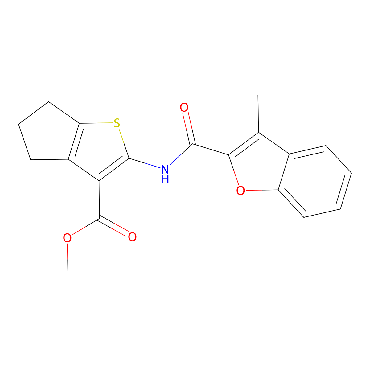 methyl 2-{[(3-methyl-1-benzofuran-2-yl)carbonyl]amino}-5,6-dihydro-4H-cyclopenta[b]thiophene-3-carboxylate molecular structure, CAS 692272-13-2