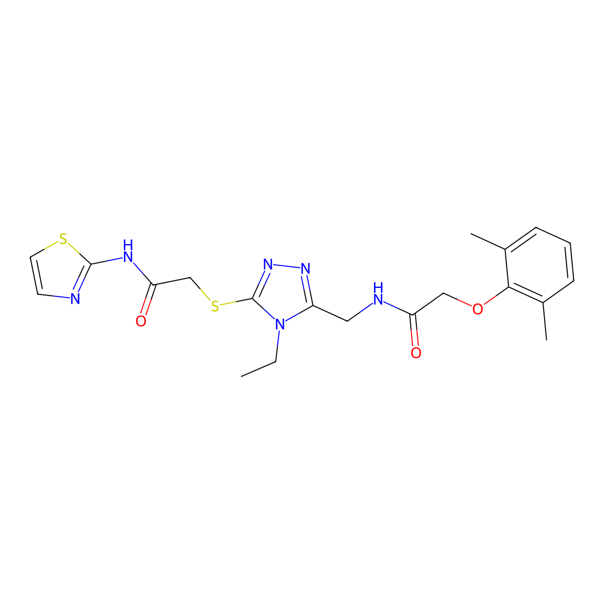 2-(2,6-dimethylphenoxy)-N-[[4-ethyl-5-[2-oxo-2-(1,3-thiazol-2-ylamino)ethyl]sulfanyl-1,2,4-triazol-3-yl]methyl]acetamide molecular structure, CAS 692272-17-6
