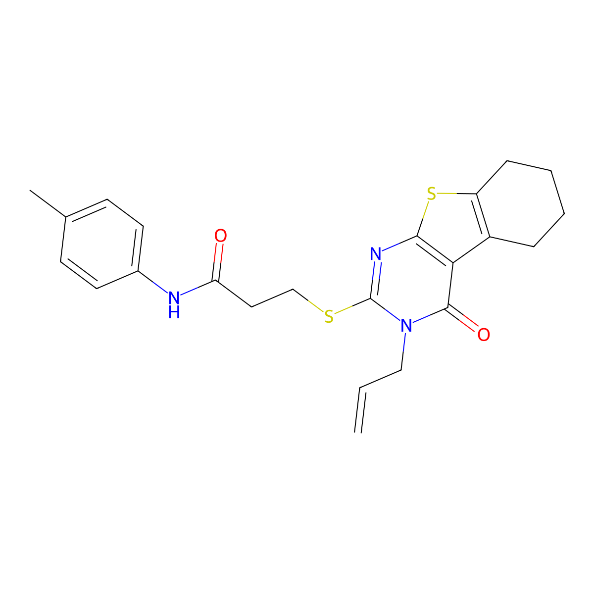 N-(4-methylphenyl)-3-[(4-oxo-3-prop-2-enyl-5,6,7,8-tetrahydro-[1]benzothiolo[2,3-d]pyrimidin-2-yl)sulfanyl]propanamide molecular structure, CAS 692272-70-1