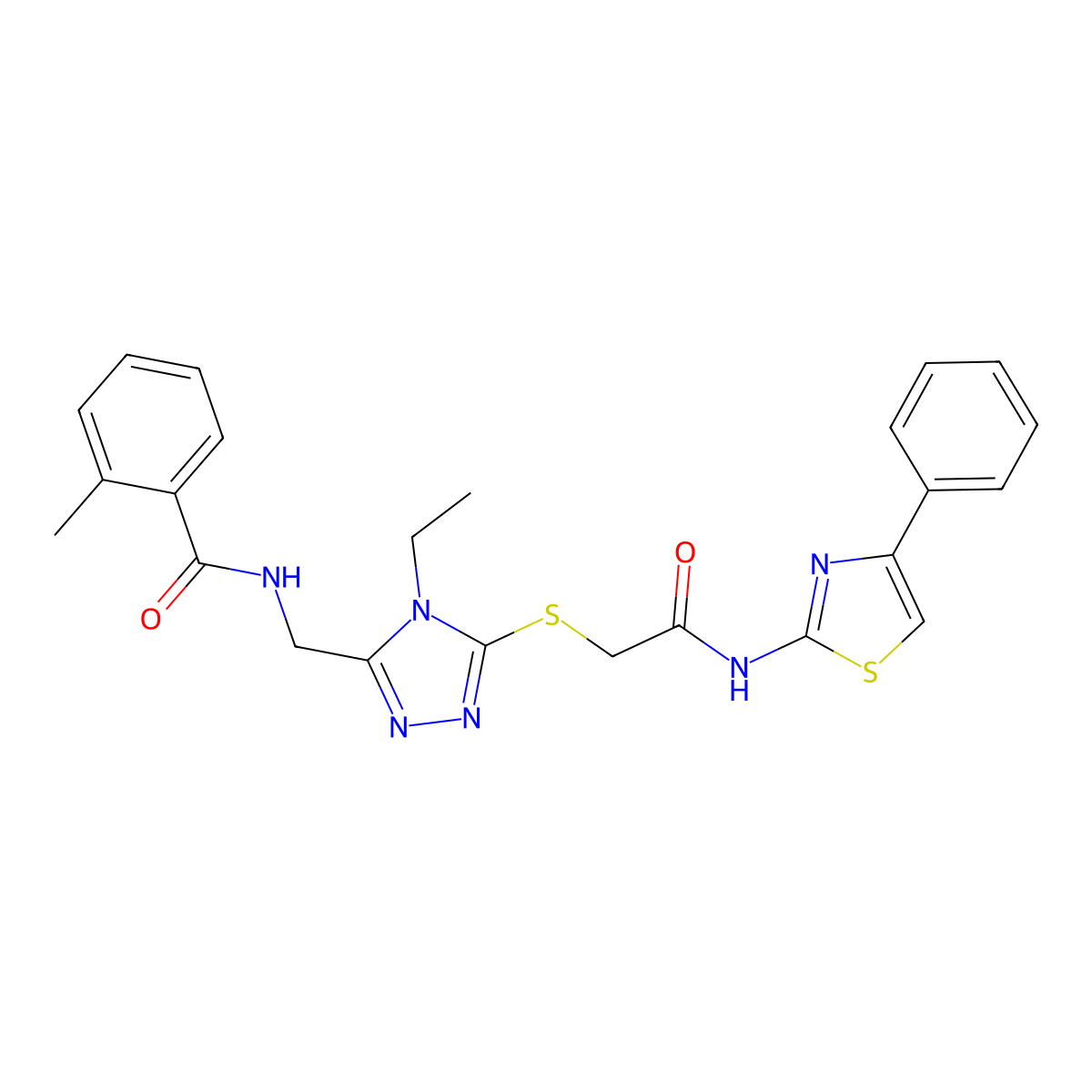 N-[[4-ethyl-5-[2-oxo-2-[(4-phenyl-1,3-thiazol-2-yl)amino]ethyl]sulfanyl-1,2,4-triazol-3-yl]methyl]-2-methylbenzamide molecular structure, CAS 692274-02-5