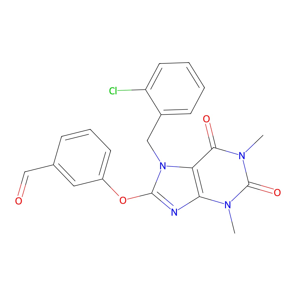 3-[7-[(2-Chlorophenyl)methyl]-1,3-dimethyl-2,6-dioxopurin-8-yl]oxybenzaldehyde molecular structure, CAS 692275-07-3