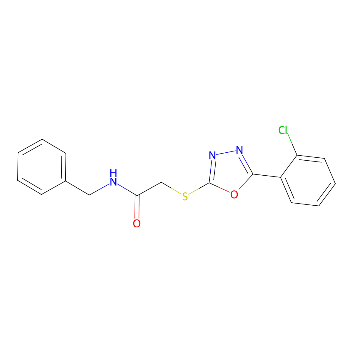 N-benzyl-2-[[5-(2-chlorophenyl)-1,3,4-oxadiazol-2-yl]sulfanyl]acetamide molecular structure, CAS 692275-12-0