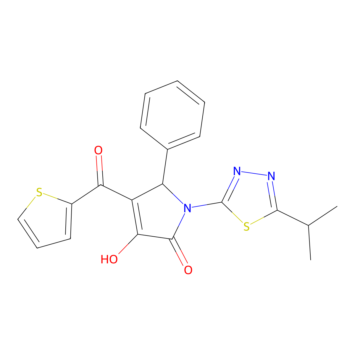 3-hydroxy-5-phenyl-1-[5-(propan-2-yl)-1,3,4-thiadiazol-2-yl]-4-(thiophen-2-ylcarbonyl)-1,5-dihydro-2H-pyrrol-2-one molecular structure, CAS 692275-35-7