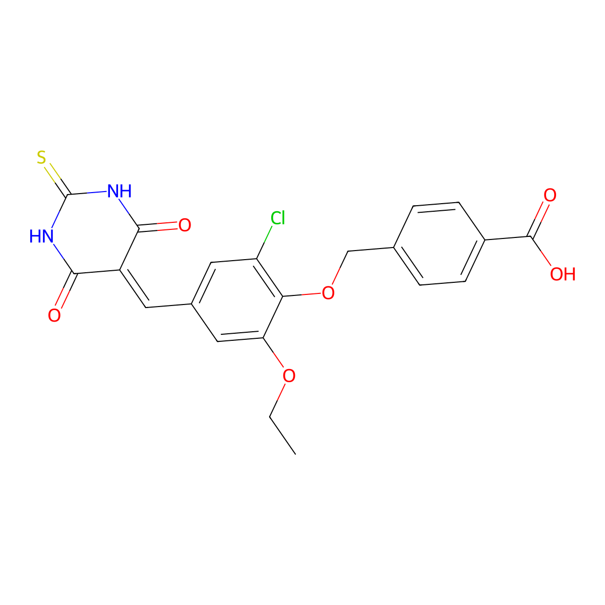 4-({2-chloro-4-[(4,6-dioxo-2-thioxotetrahydro-5(2H)-pyrimidinylidene)methyl]-6-ethoxyphenoxy}methyl)benzoic acid molecular structure, CAS 692276-07-6