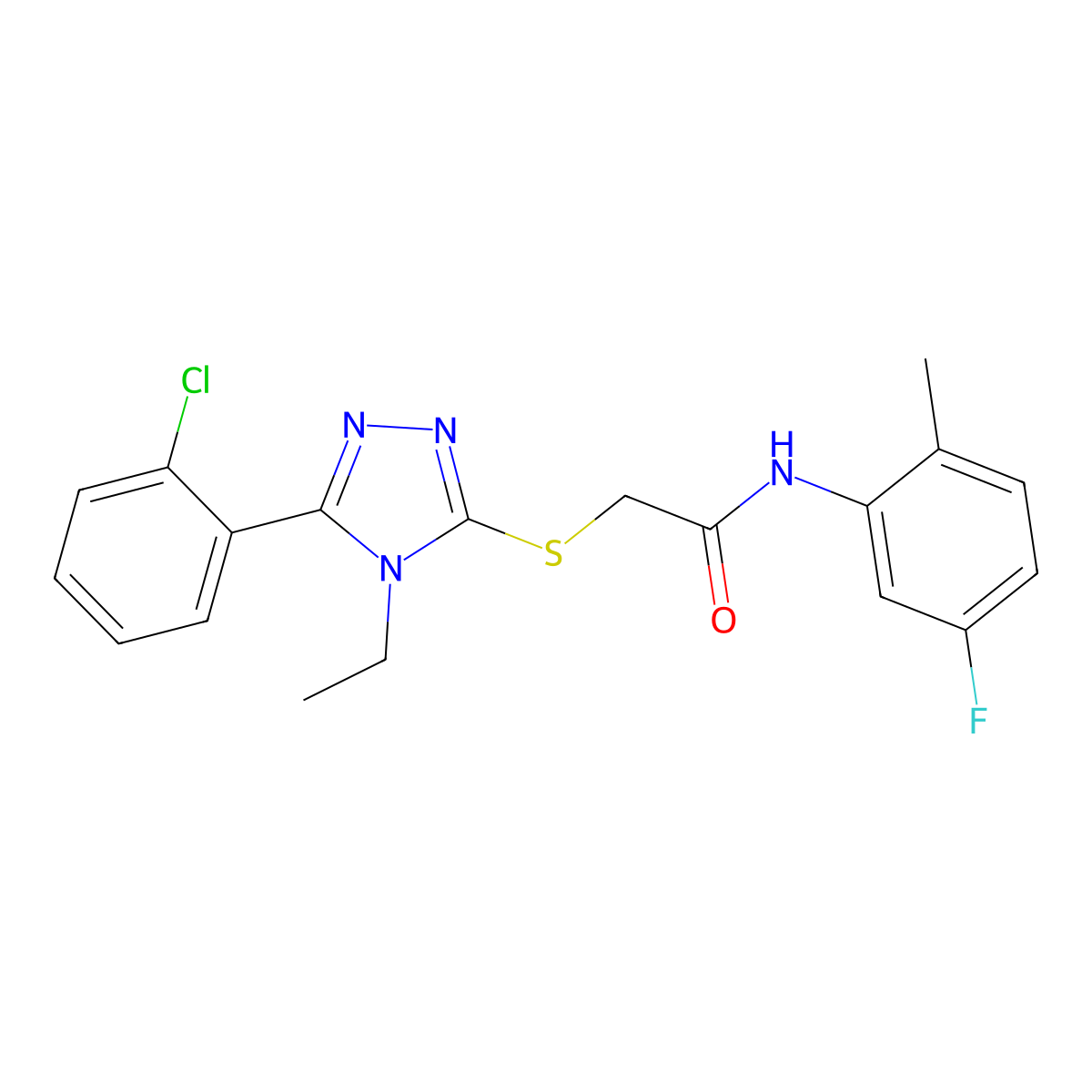 2-[[5-(2-chlorophenyl)-4-ethyl-1,2,4-triazol-3-yl]sulfanyl]-N-(5-fluoro-2-methylphenyl)acetamide molecular structure, CAS 692276-54-3