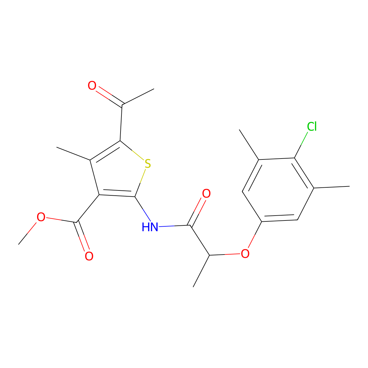 Methyl 5-acetyl-2-[2-(4-chloro-3,5-dimethylphenoxy)propanoylamino]-4-methylthiophene-3-carboxylate molecular structure, CAS 692279-43-9