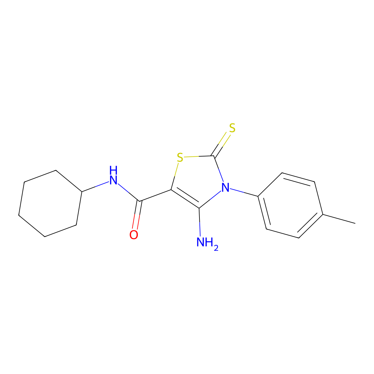 4-amino-N-cyclohexyl-3-(4-methylphenyl)-2-sulfanylidene-2,3-dihydro-1,3-thiazole-5-carboxamide molecular structure, CAS 692280-40-3