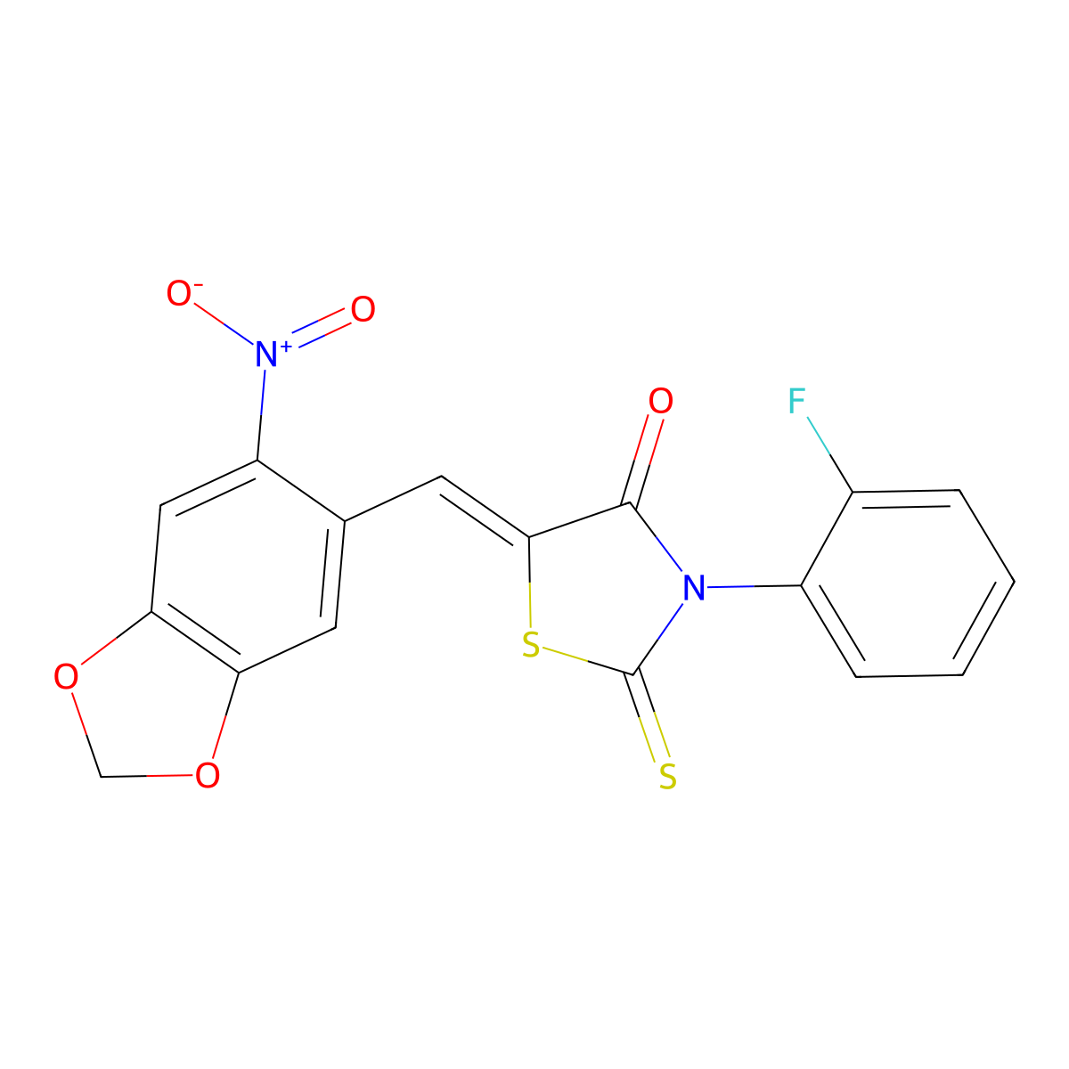 3-(2-Fluorophenyl)-5-[(6-nitro-1,3-benzodioxol-5-yl)methylene]-2-thioxo-4-thiazolidinone molecular structure, CAS 692281-54-2