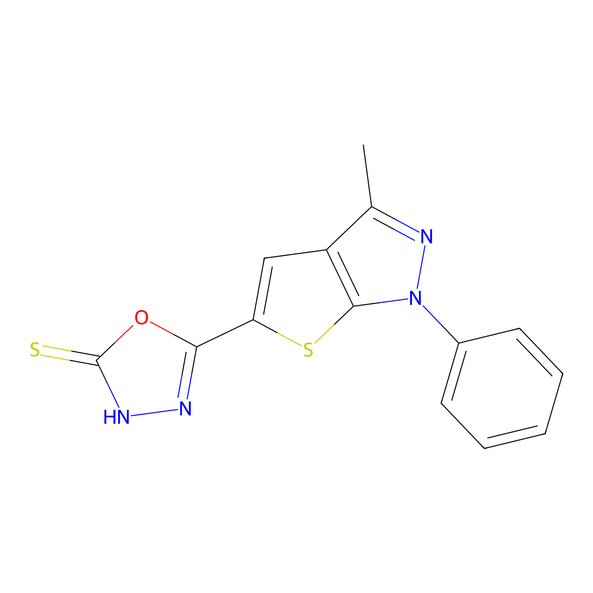 5-(3-methyl-1-phenyl-1H-thieno[2,3-c]pyrazol-5-yl)-1,3,4-oxadiazole-2(3H)-thione molecular structure, CAS 692283-29-7