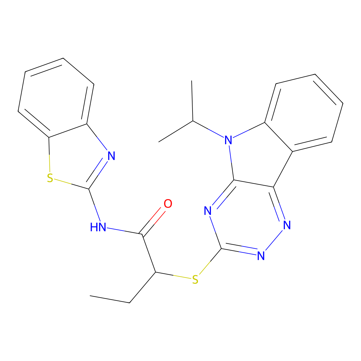 N-(1,3-benzothiazol-2-yl)-2-[(5-propan-2-yl-[1,2,4]triazino[5,6-b]indol-3-yl)sulfanyl]butanamide molecular structure, CAS 692284-32-5