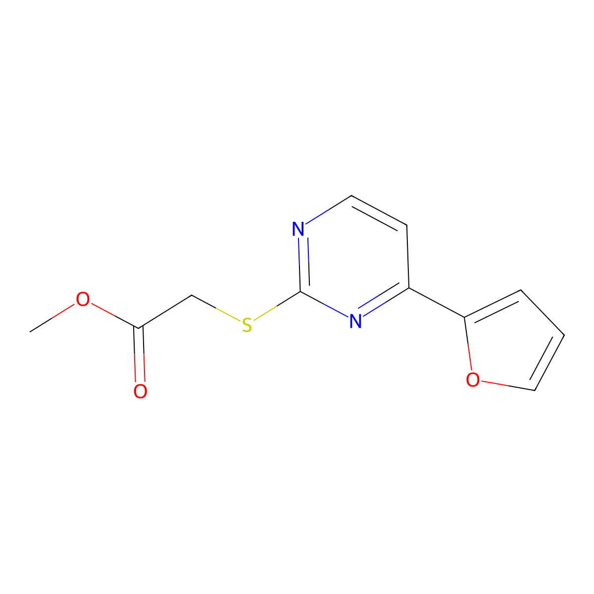 Methyl 2-[4-(furan-2-yl)pyrimidin-2-yl]sulfanylacetate molecular structure, CAS 692287-28-8