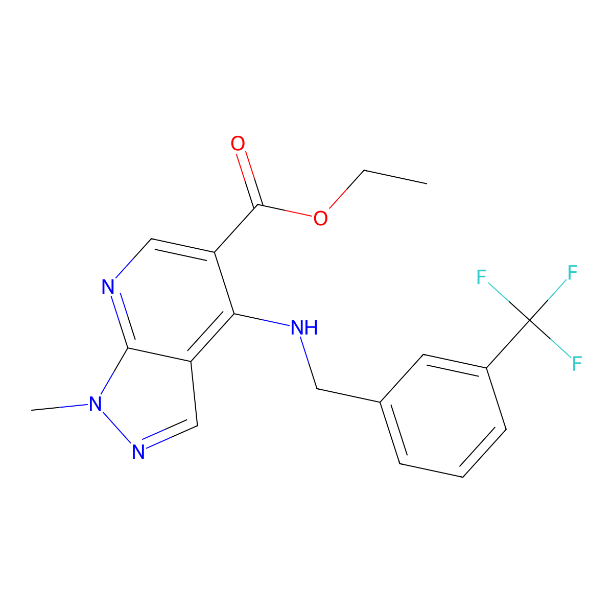 ethyl 1-methyl-4-{[3-(trifluoromethyl)benzyl]amino}-1H-pyrazolo[3,4-b]pyridine-5-carboxylate molecular structure, CAS 692287-32-4