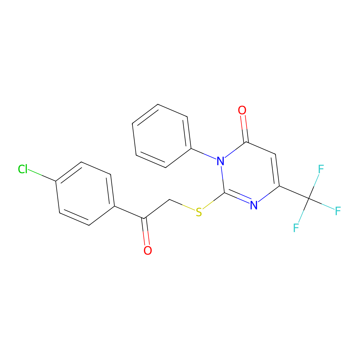 2-{[2-(4-chlorophenyl)-2-oxoethyl]sulfanyl}-3-phenyl-6-(trifluoromethyl)-4(3H)-pyrimidinone molecular structure, CAS 692287-35-7