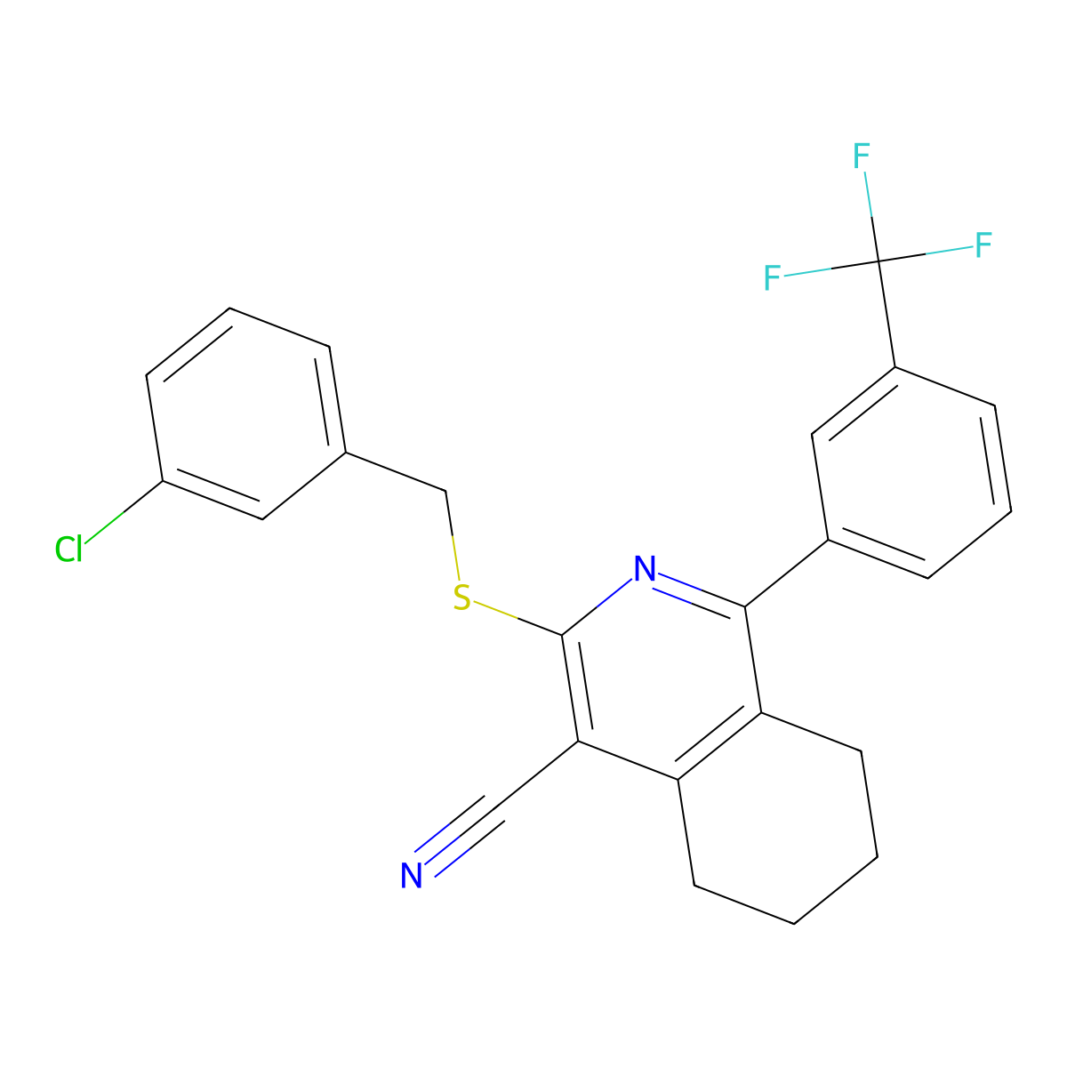 3-[(3-Chlorobenzyl)sulfanyl]-1-[3-(trifluoromethyl)phenyl]-5,6,7,8-tetrahydro-4-isoquinolinecarbonitrile molecular structure, CAS 692287-38-0