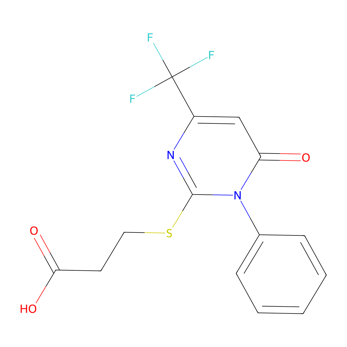 3-{[6-Oxo-1-phenyl-4-(trifluoromethyl)-1,6-dihydro-2-pyrimidinyl]sulfanyl}propanoic acid molecular structure, CAS 692287-41-5