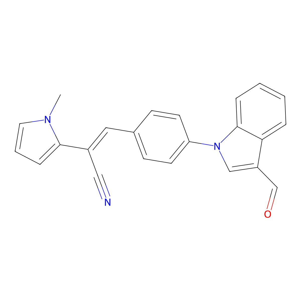 (Z)-3-[4-(3-formylindol-1-yl)phenyl]-2-(1-methylpyrrol-2-yl)prop-2-enenitrile molecular structure, CAS 692287-46-0