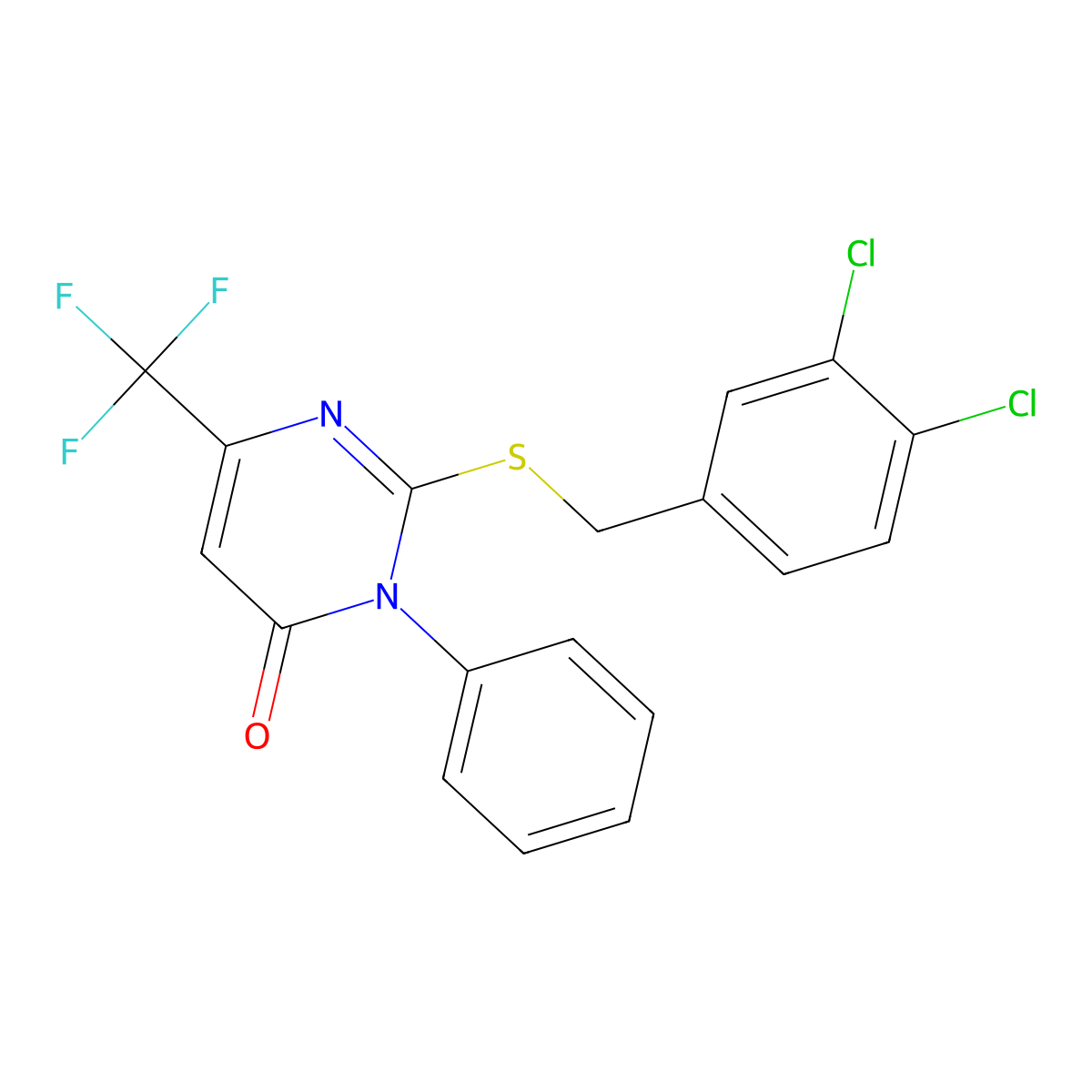 2-[(3,4-Dichlorophenyl)methylsulfanyl]-3-phenyl-6-(trifluoromethyl)pyrimidin-4-one molecular structure, CAS 692287-47-1