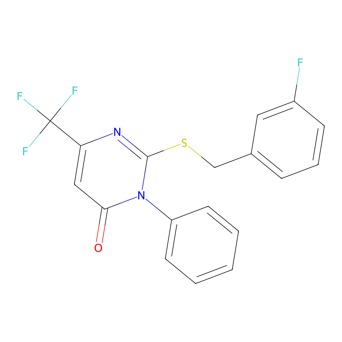 2-[(3-fluorobenzyl)sulfanyl]-3-phenyl-6-(trifluoromethyl)-4(3H)-pyrimidinone molecular structure, CAS 692287-48-2