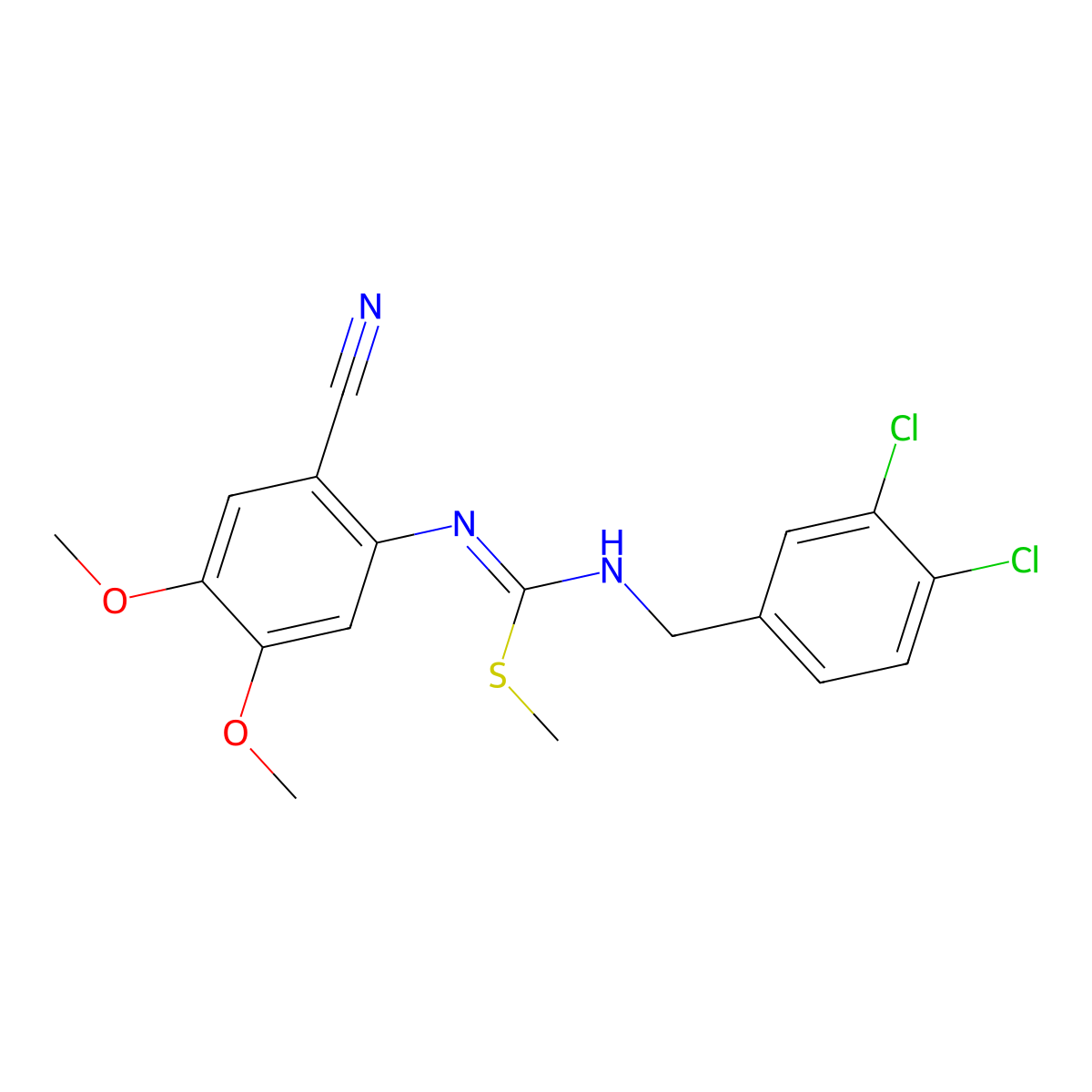 1-cyano-2-{[(Z)-[(3,4-dichlorobenzyl)amino](methylsulfanyl)methylidene]amino}-4,5-dimethoxybenzene molecular structure, CAS 692287-57-3