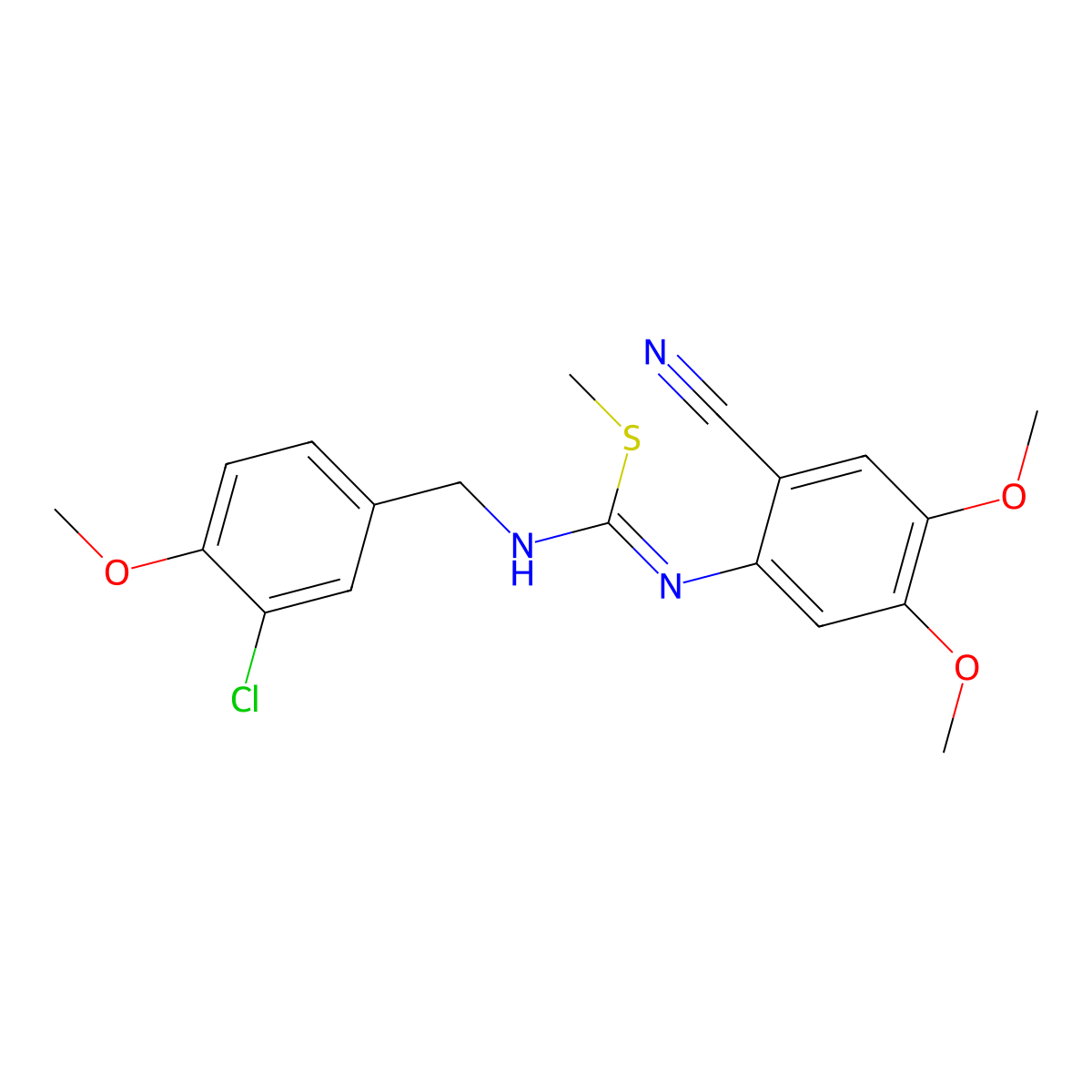 1-{[(Z)-[(3-chloro-4-methoxybenzyl)amino](methylsulfanyl)methylidene]amino}-2-cyano-4,5-dimethoxybenzene molecular structure, CAS 692287-58-4