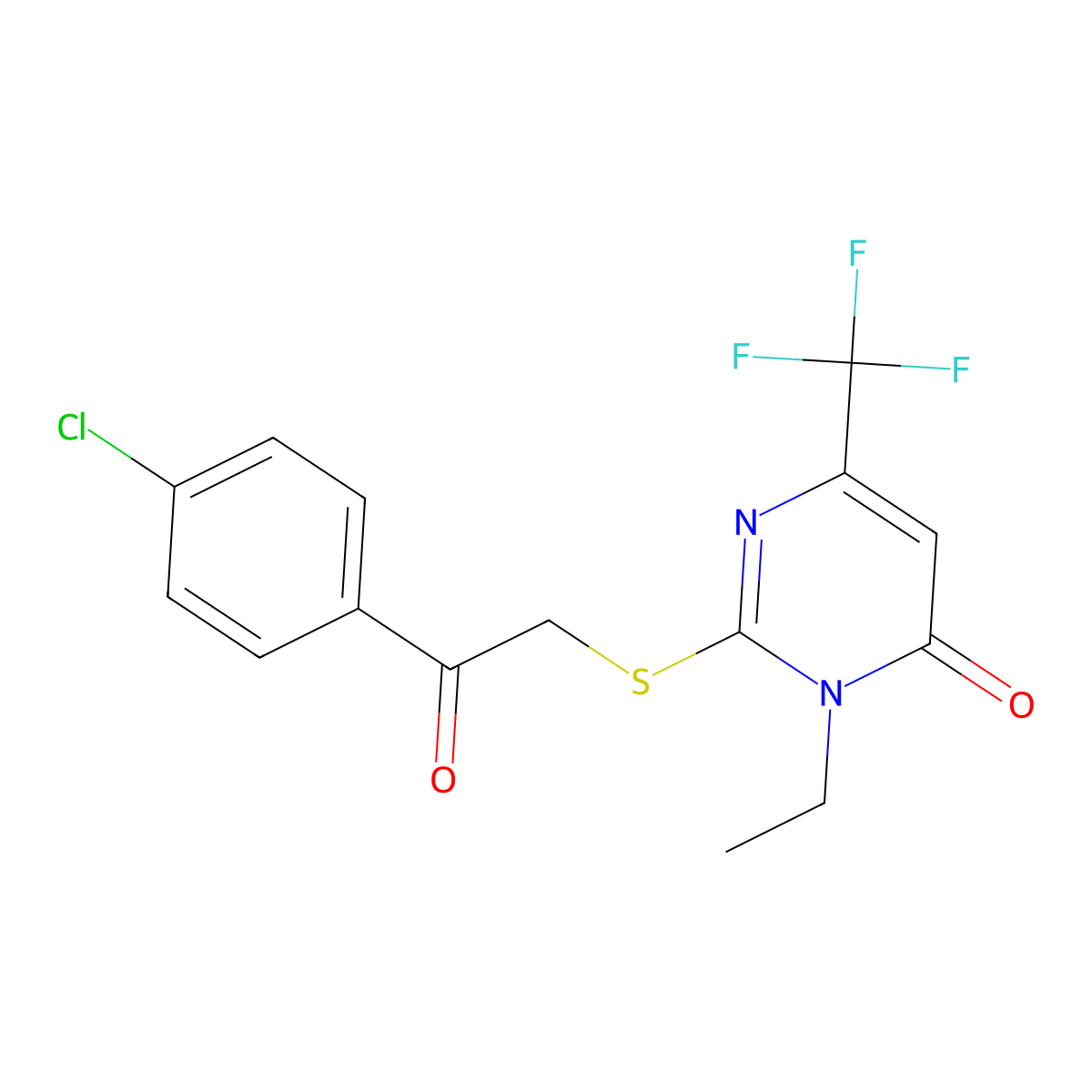 2-{[2-(4-chlorophenyl)-2-oxoethyl]sulfanyl}-3-ethyl-6-(trifluoromethyl)-4(3H)-pyrimidinone molecular structure, CAS 692287-62-0