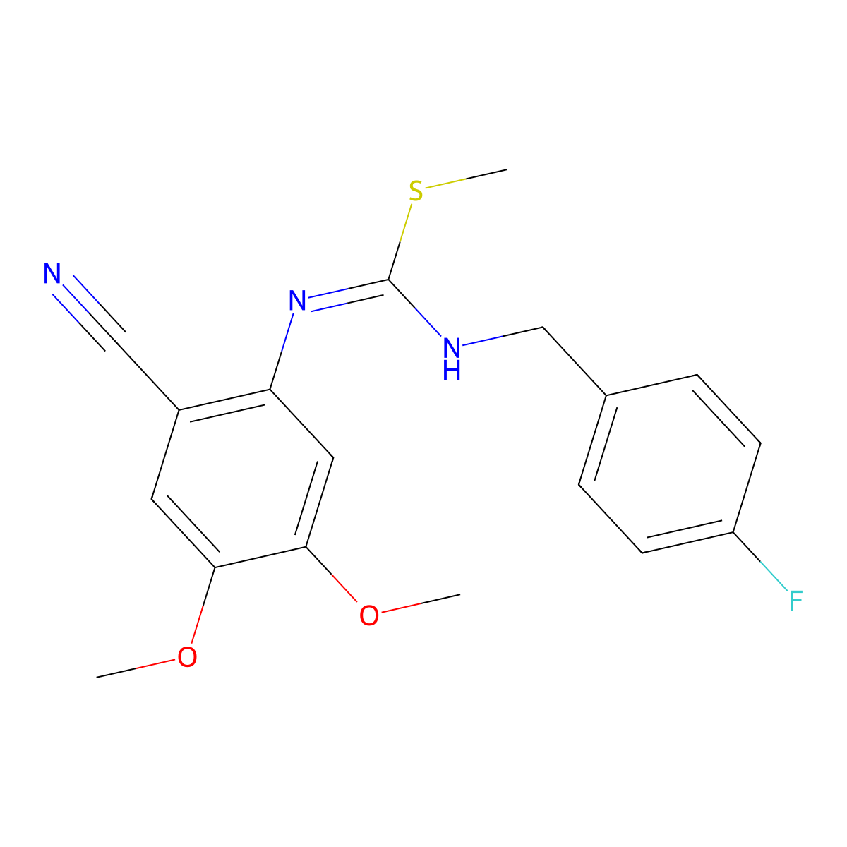 1-cyano-2-{[(E)-[(4-fluorobenzyl)amino](methylsulfanyl)methylidene]amino}-4,5-dimethoxybenzene molecular structure, CAS 692287-66-4