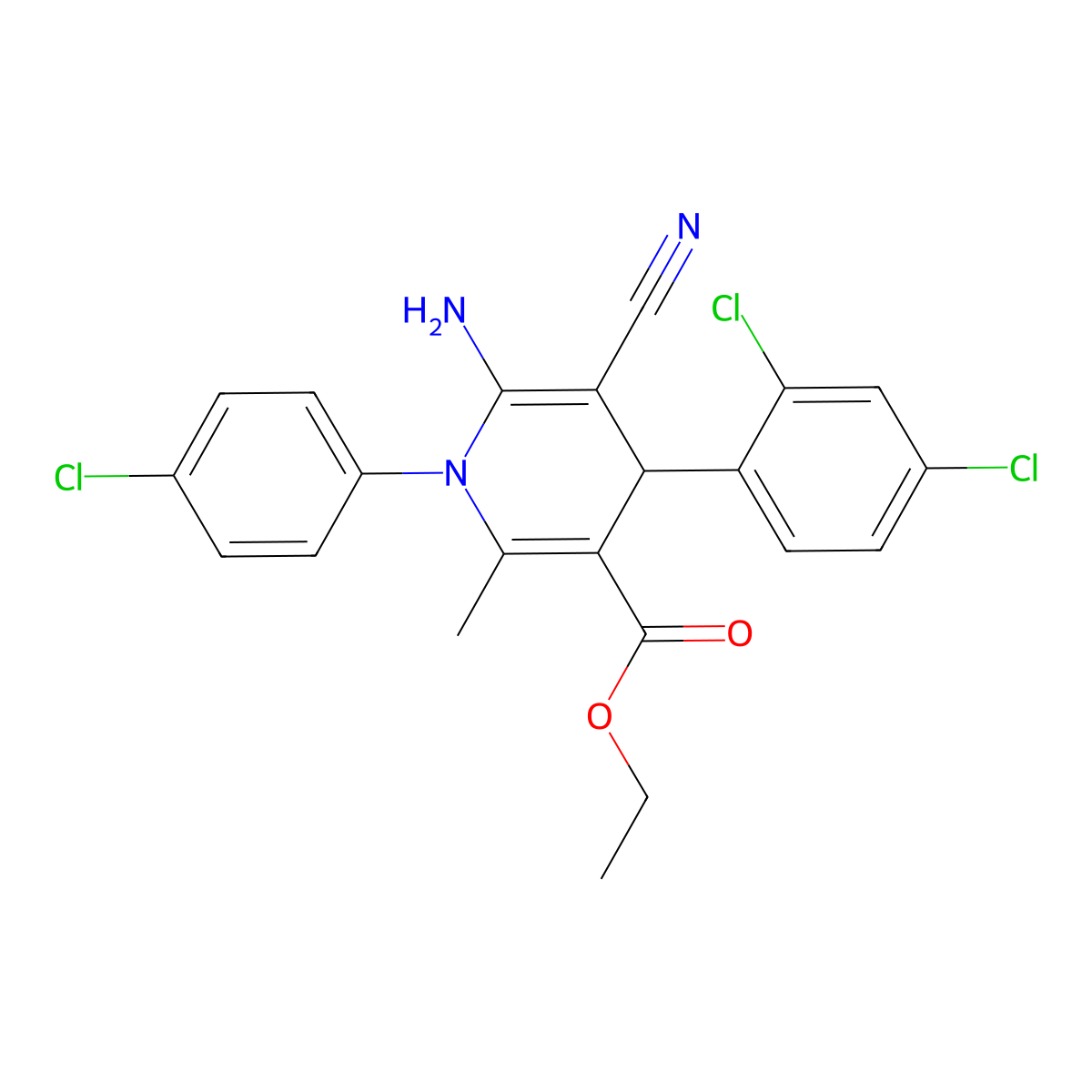 Ethyl 6-amino-1-(4-chlorophenyl)-5-cyano-4-(2,4-dichlorophenyl)-2-methyl-4H-pyridine-3-carboxylate molecular structure, CAS 692287-67-5
