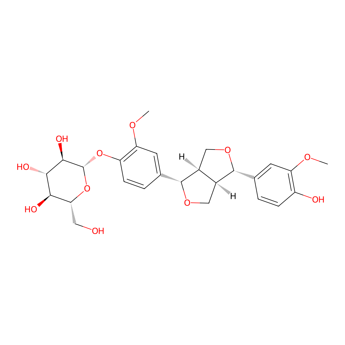 (2S,3R,4S,5S,6R)-2-(4-((3S,3aR,6S,6aR)-3-(4-hydroxy-3-methoxyphenyl)-1,3,3a,4,6,6a-hexahydrofuro(3,4-c)furan-6-yl)-2-methoxyphenoxy)-6-(hydroxymethyl)oxane-3,4,5-triol molecular structure, CAS 69251-96-3