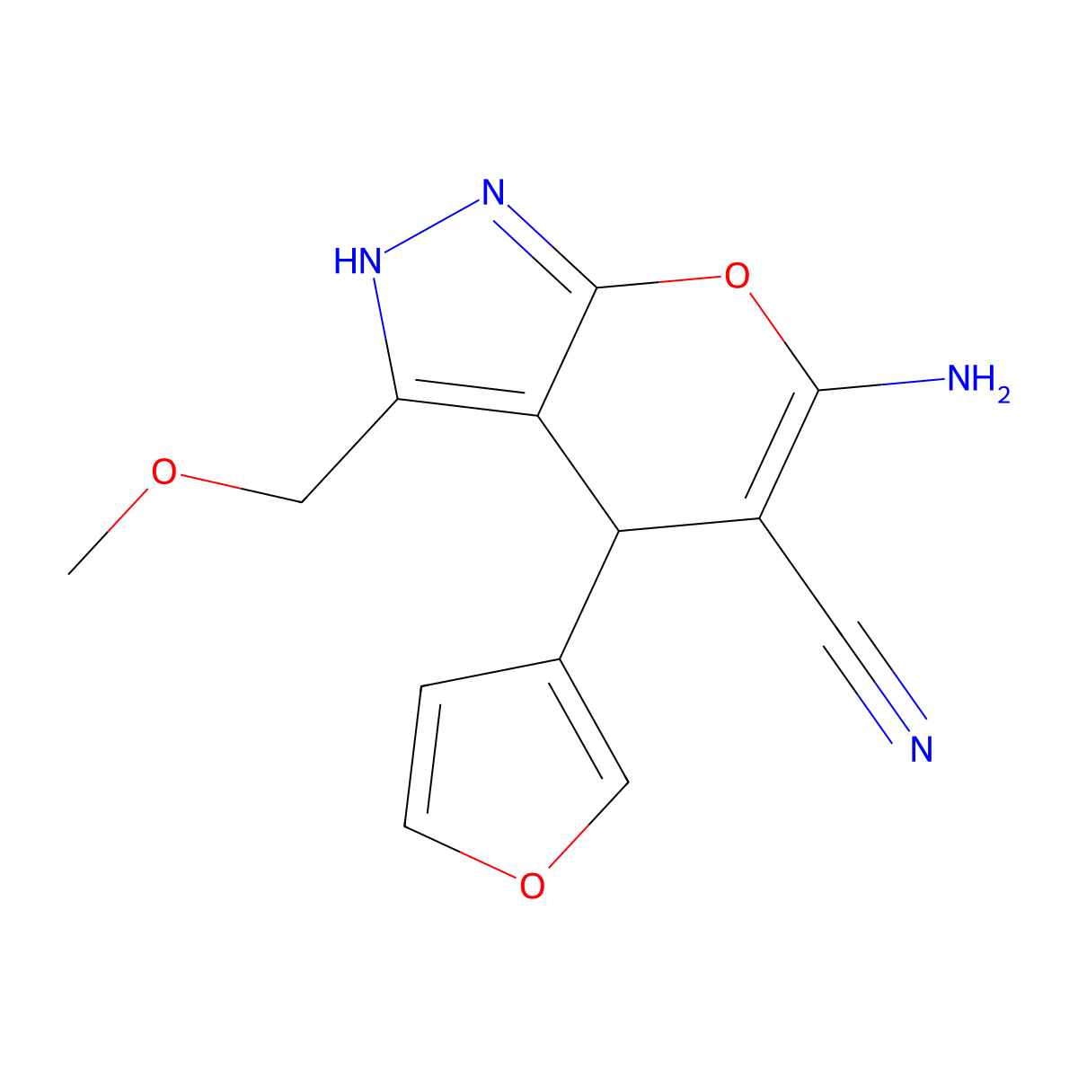6-Amino-4-(furan-3-yl)-3-(methoxymethyl)-2,4-dihydropyrano[2,3-c]pyrazole-5-carbonitrile molecular structure, CAS 6926-42-7
