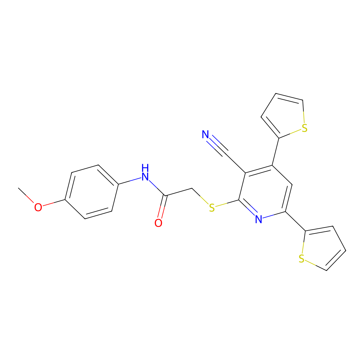 2-(3-cyano-4,6-dithiophen-2-ylpyridin-2-yl)sulfanyl-N-(4-methoxyphenyl)acetamide molecular structure, CAS 6926-75-6