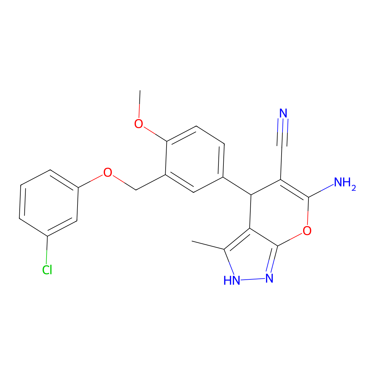 6-Amino-4-[3-[(3-chlorophenoxy)methyl]-4-methoxyphenyl]-3-methyl-2,4-dihydropyrano[2,3-c]pyrazole-5-carbonitrile molecular structure, CAS 6927-16-8