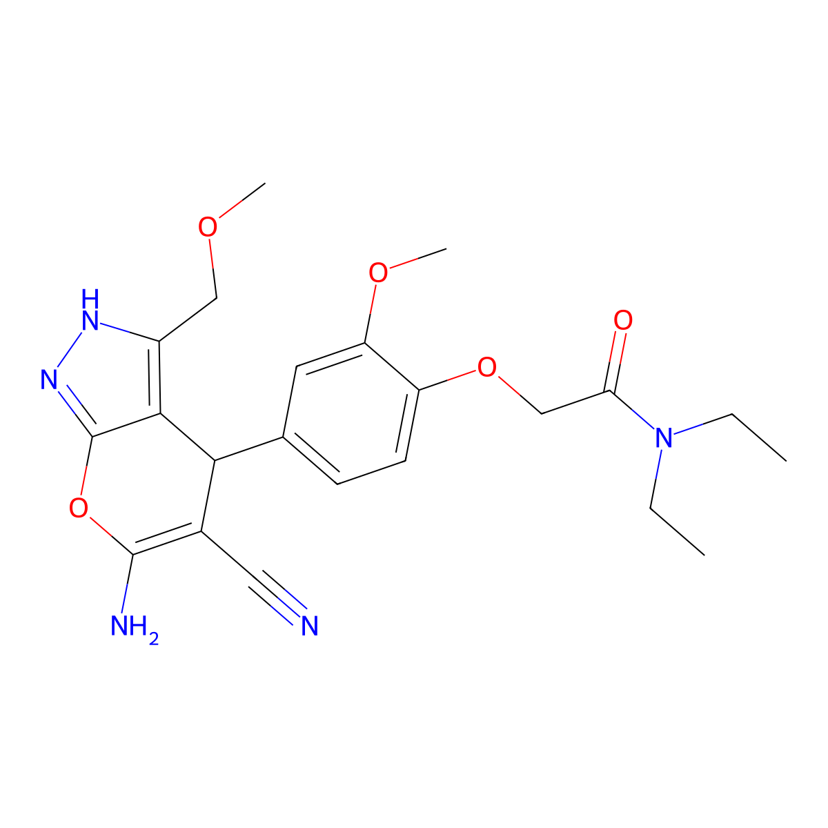 2-[4-[6-amino-5-cyano-3-(methoxymethyl)-2,4-dihydropyrano[2,3-c]pyrazol-4-yl]-2-methoxyphenoxy]-N,N-diethylacetamide molecular structure, CAS 6927-17-9