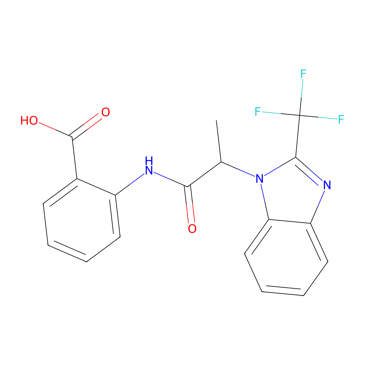 2-({2-[2-(trifluoromethyl)-1H-1,3-benzimidazol-1-yl]propanoyl}amino)benzenecarboxylic acid molecular structure, CAS 692732-72-2