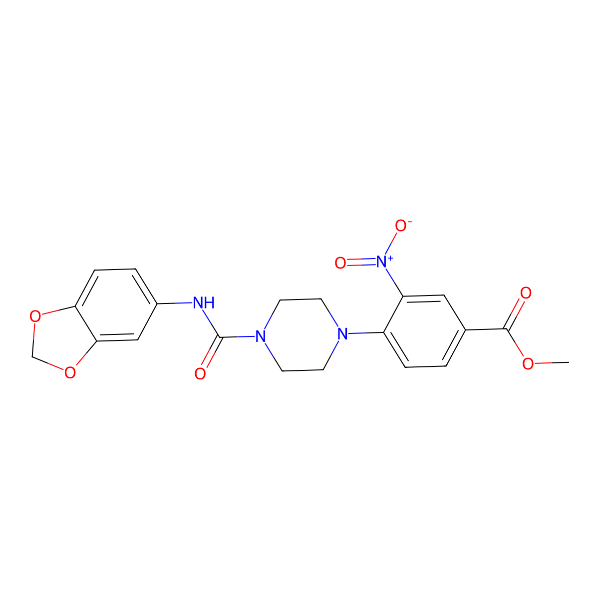 Methyl 4-{4-[(1,3-benzodioxol-5-ylamino)carbonyl]piperazino}-3-nitrobenzenecarboxylate molecular structure, CAS 692732-89-1