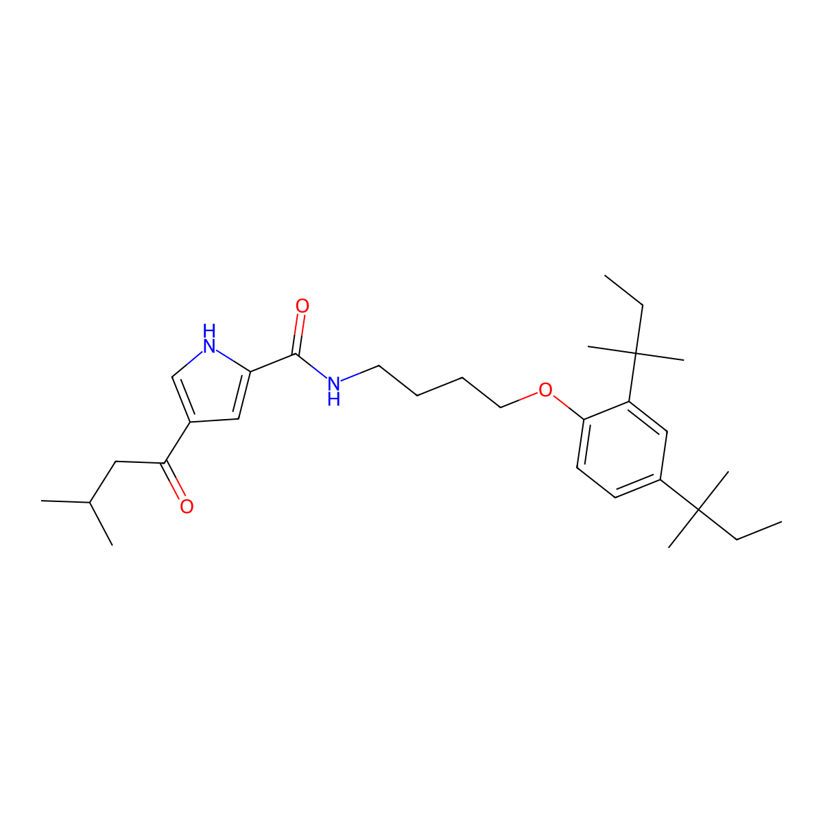 N-{4-[2,4-di(tert-pentyl)phenoxy]butyl}-4-(3-methylbutanoyl)-1H-pyrrole-2-carboxamide molecular structure, CAS 692737-07-8