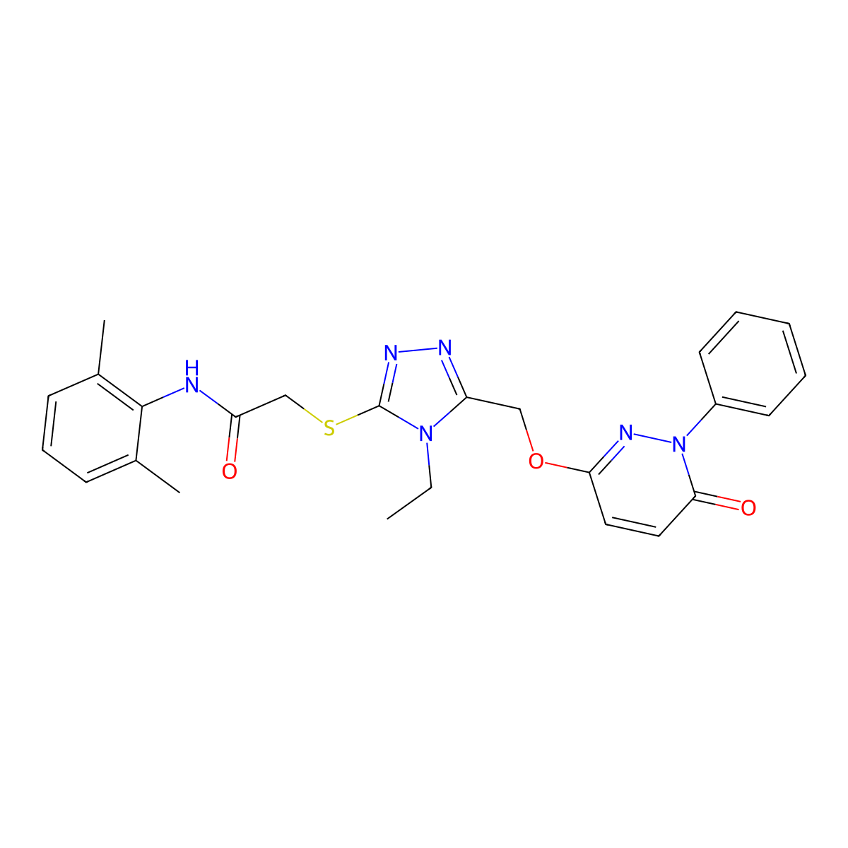 N-(2,6-dimethylphenyl)-2-[(4-ethyl-5-{[(6-oxo-1-phenyl-1,6-dihydro-3-pyridazinyl)oxy]methyl}-4H-1,2,4-triazol-3-yl)sulfanyl]acetamide molecular structure, CAS 692737-11-4