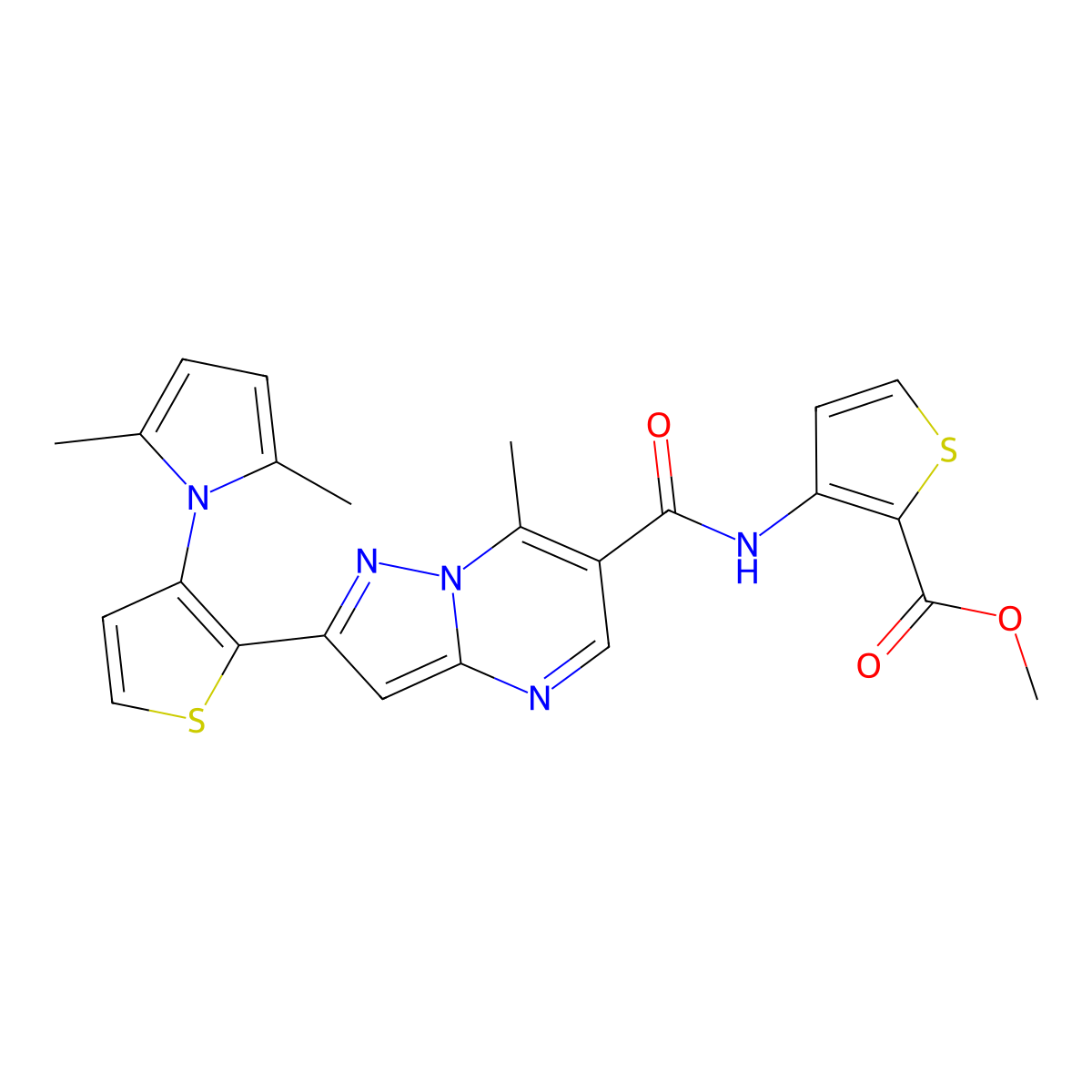methyl 3-[({2-[3-(2,5-dimethyl-1H-pyrrol-1-yl)-2-thienyl]-7-methylpyrazolo[1,5-a]pyrimidin-6-yl}carbonyl)amino]-2-thiophenecarboxylate molecular structure, CAS 692738-13-9