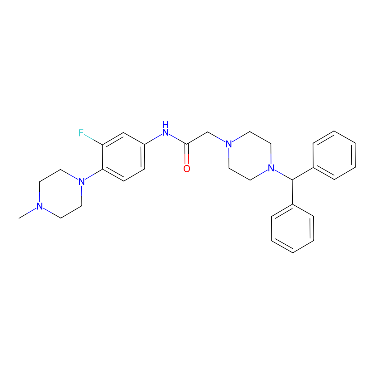 2-(4-benzhydrylpiperazino)-N-[3-fluoro-4-(4-methylpiperazino)phenyl]acetamide molecular structure, CAS 692738-29-7