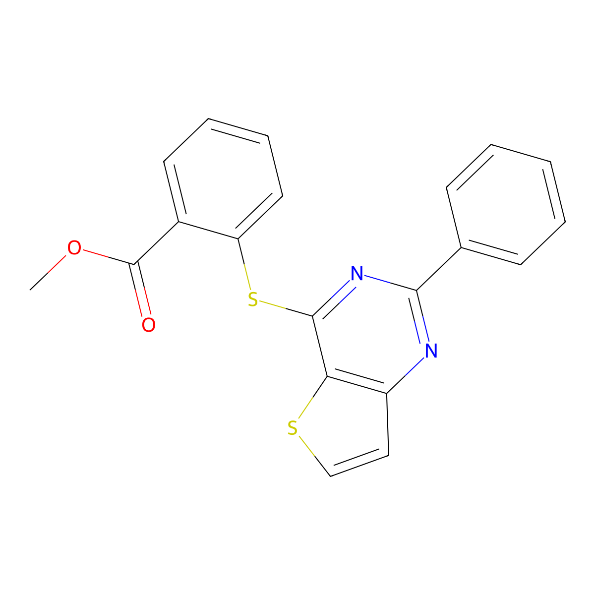 Methyl 2-[(2-phenylthieno[3,2-d]pyrimidin-4-yl)sulfanyl]benzenecarboxylate molecular structure, CAS 692738-32-2