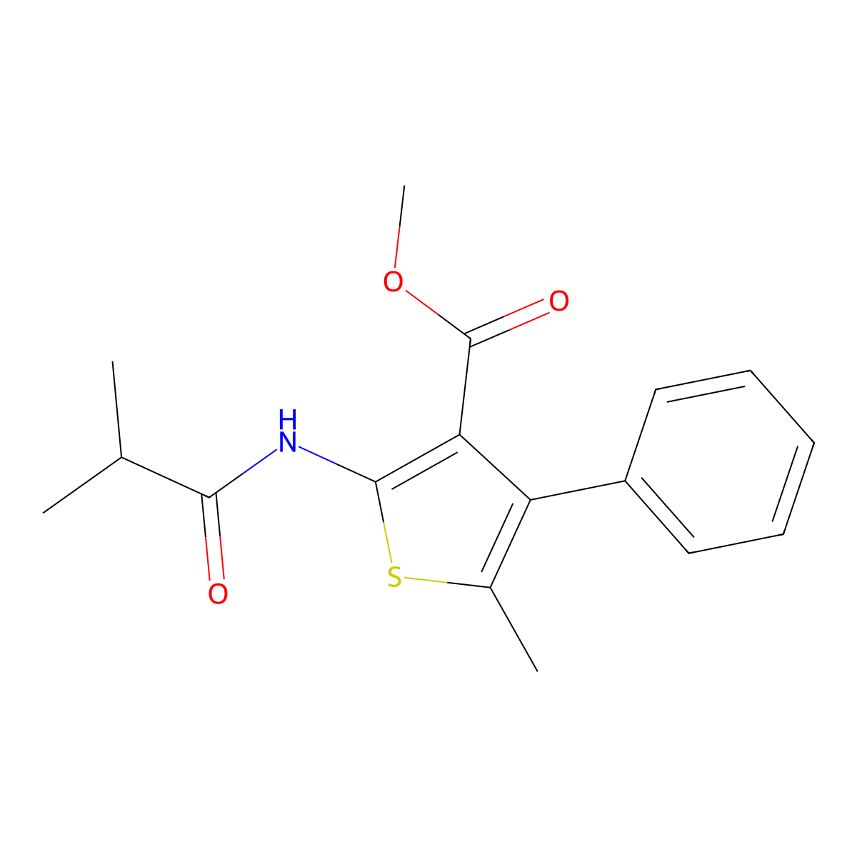 Methyl 5-methyl-2-(2-methylpropanoylamino)-4-phenylthiophene-3-carboxylate molecular structure, CAS 692743-38-7