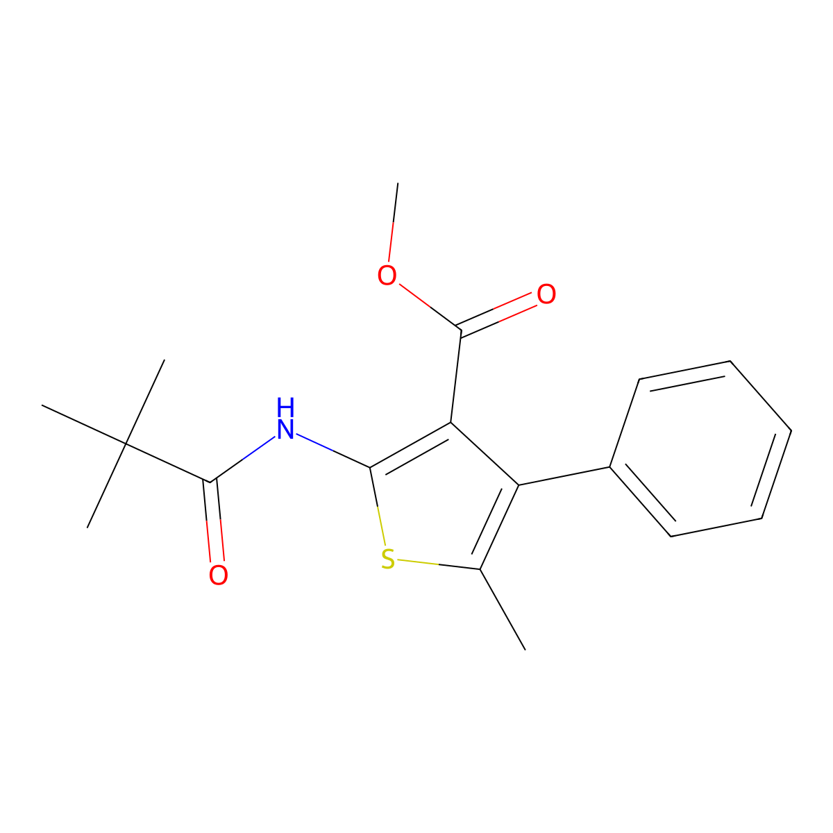 Methyl 2-(2,2-dimethylpropanoylamino)-5-methyl-4-phenylthiophene-3-carboxylate molecular structure, CAS 692743-41-2
