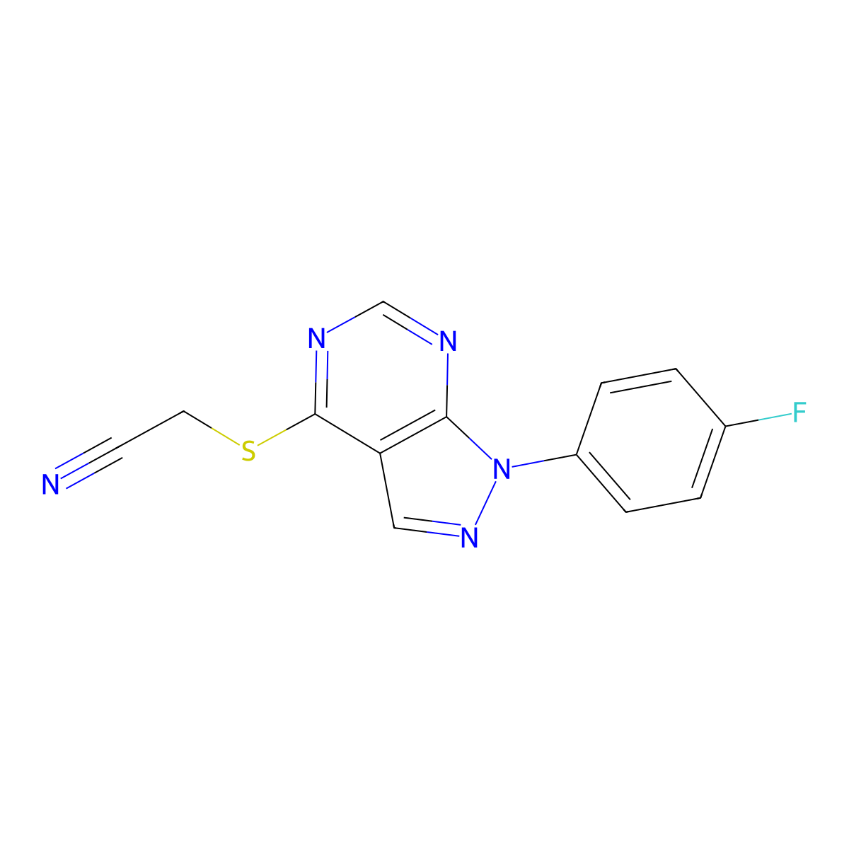 2-((1-(4-fluorophenyl)-1H-pyrazolo[3,4-d]pyrimidin-4-yl)thio)acetonitrile molecular structure, CAS 692746-44-4