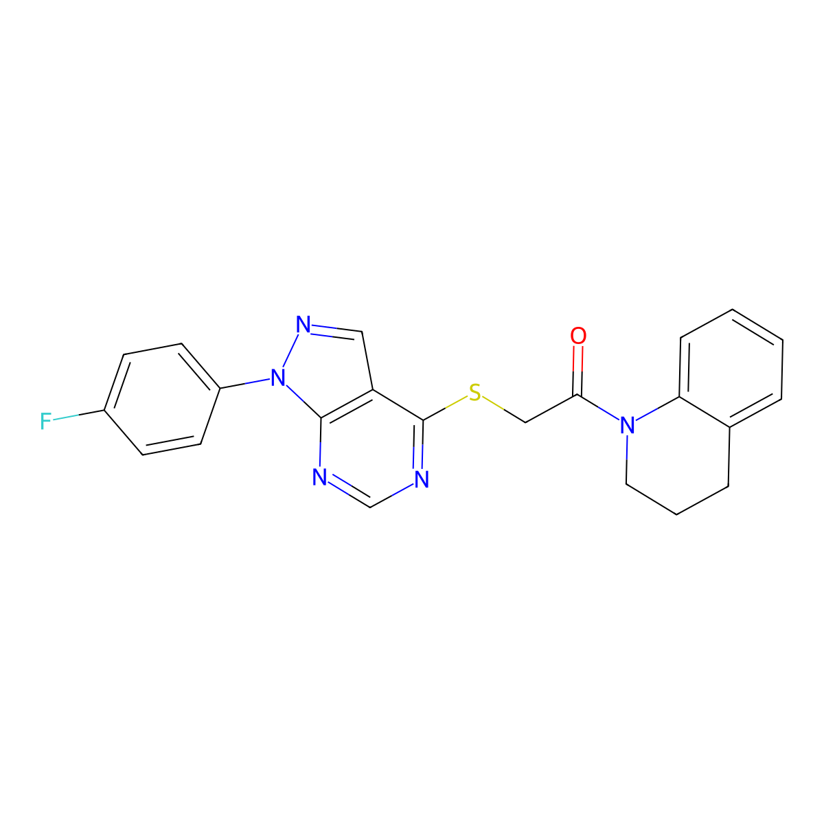 1-(3,4-dihydroquinolin-1(2H)-yl)-2-((1-(4-fluorophenyl)-1H-pyrazolo[3,4-d]pyrimidin-4-yl)thio)ethanone molecular structure, CAS 692746-45-5